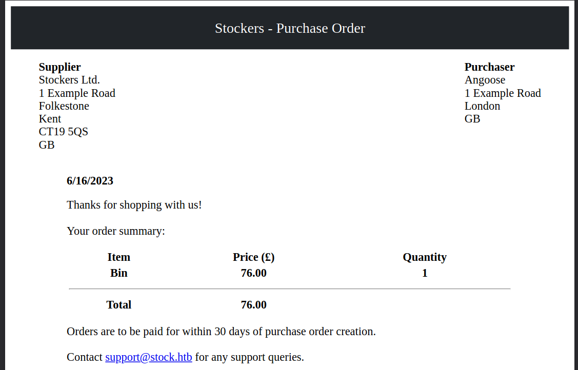 Stocker Invoice